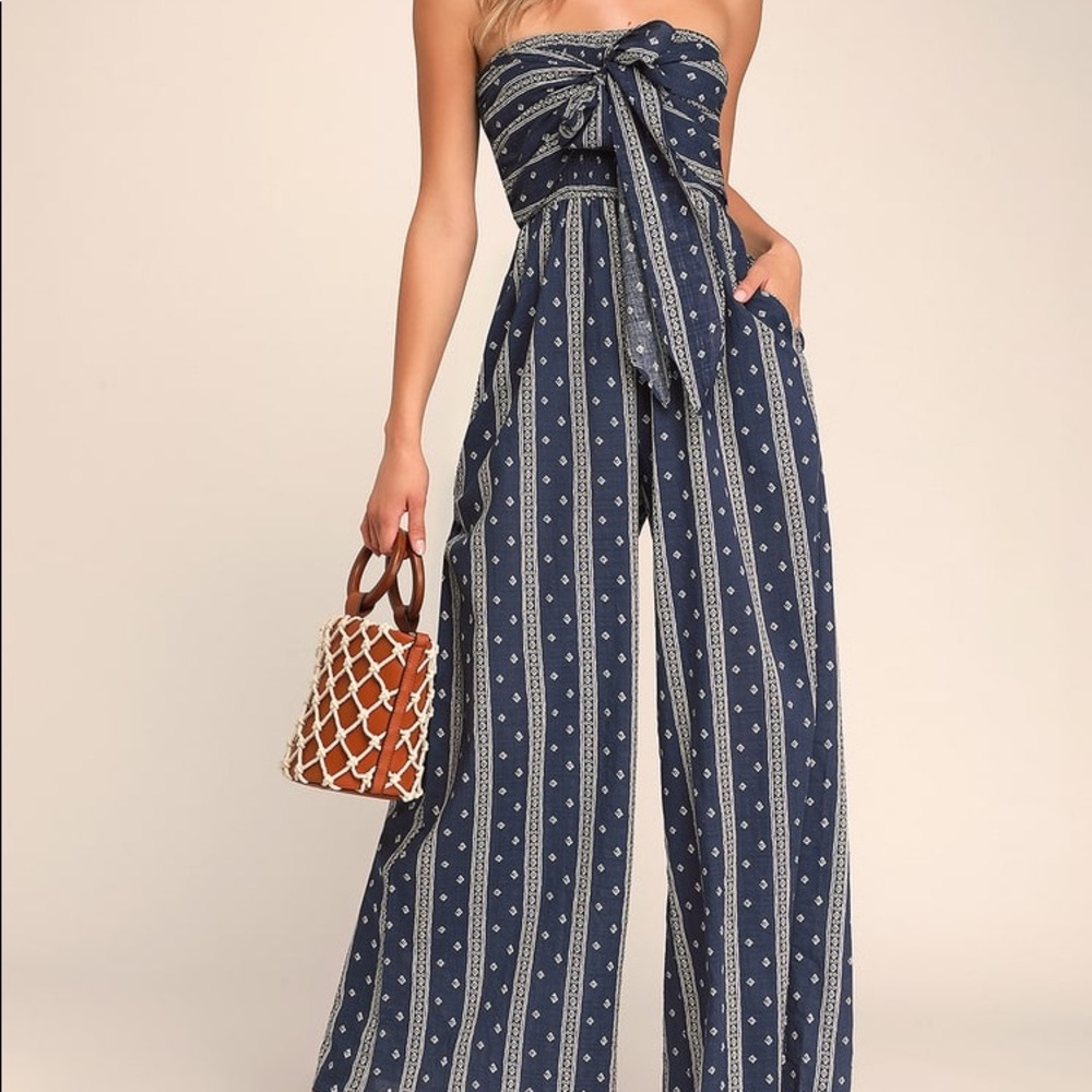 Lulu’s Raine Washed Navy Blue Print Strapless Jumpsuit